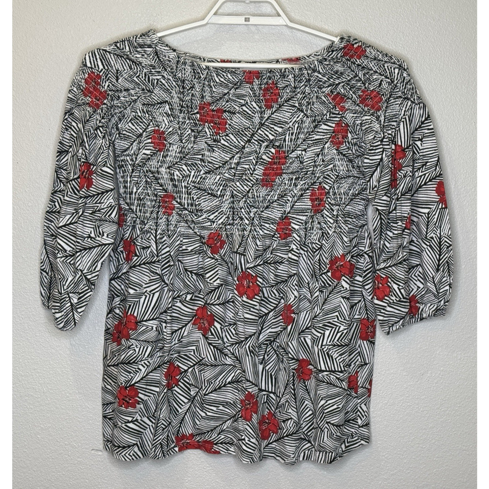 J.Jill Smocked Top‎ Size Small Black White Red Print 3/4 Sleeve Cotton Blend